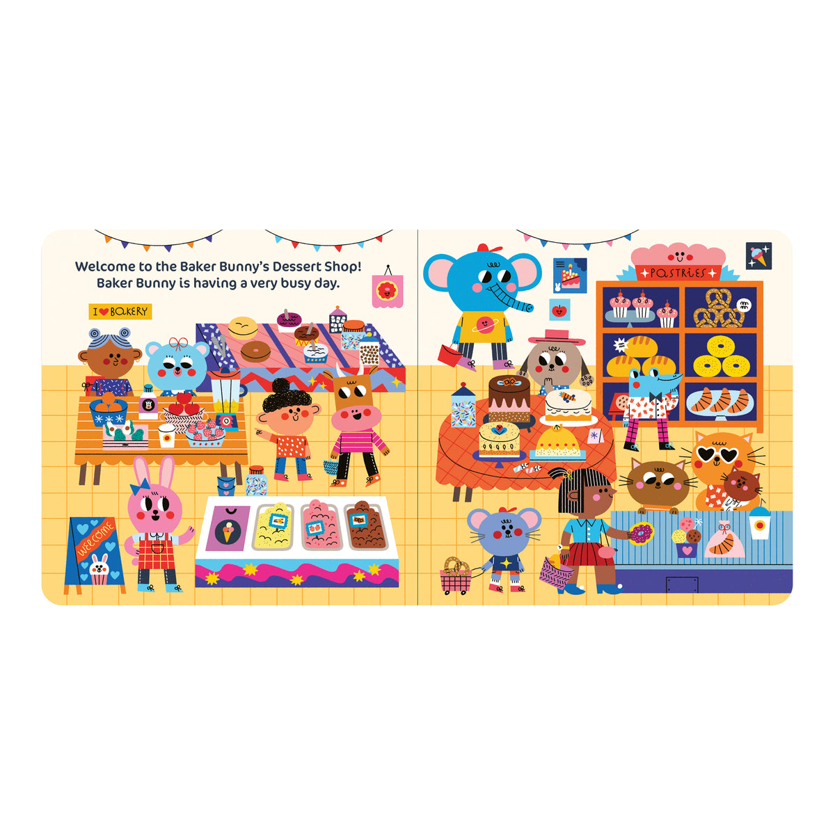Let's Pretend: Dessert Shop interior spread showing Baker Bunny's busy shop with animal customers, treats, and game areas.