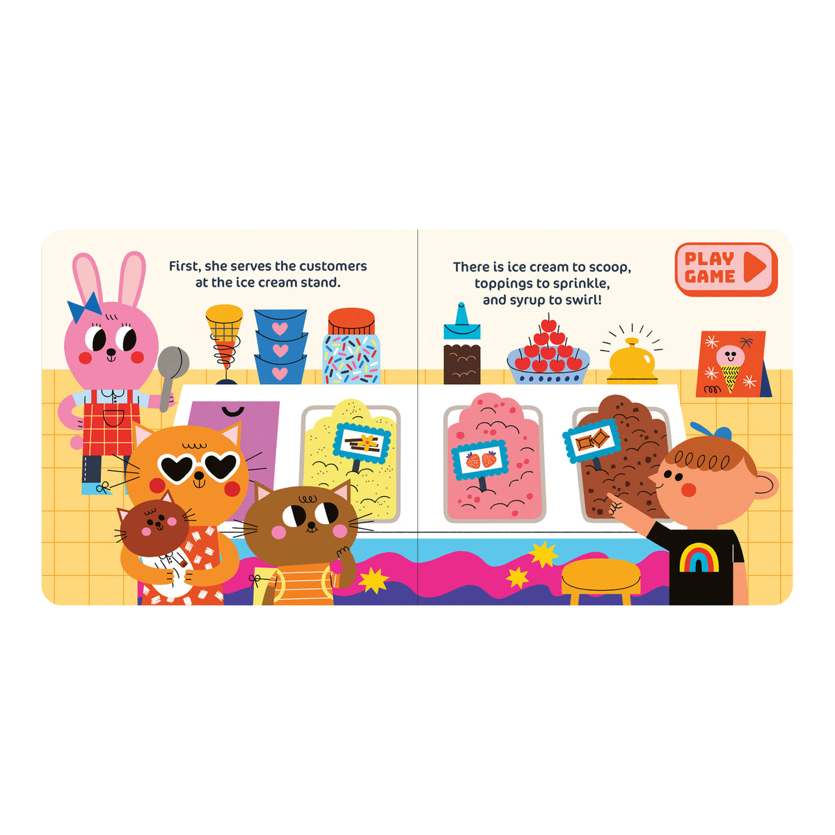 Let's Pretend: Dessert Shop interior spread with Baker Bunny serving an ice cream stand, topping choices, and customer order cards.