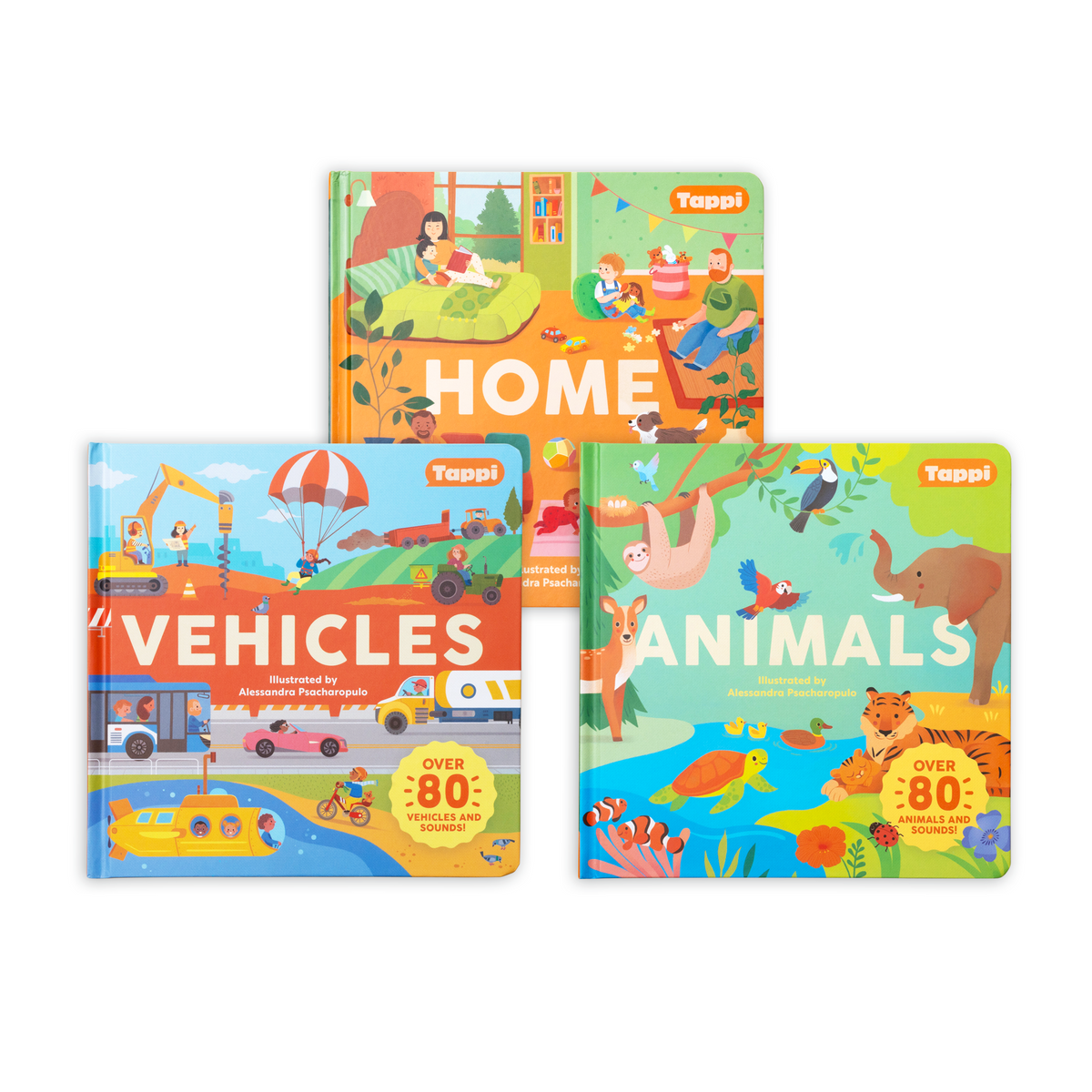 First Words Book Bundle with Home above overlapping Vehicles and Animals covers; books only.