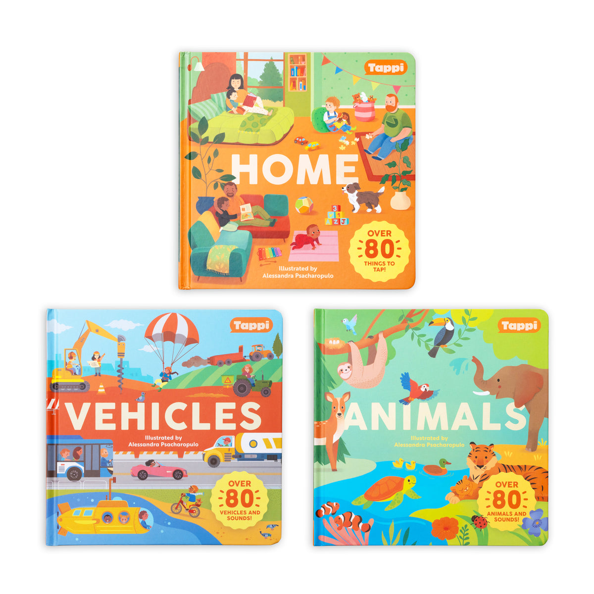 First Words Book Bundle with Home at the top and Vehicles and Animals side by side below; books only.