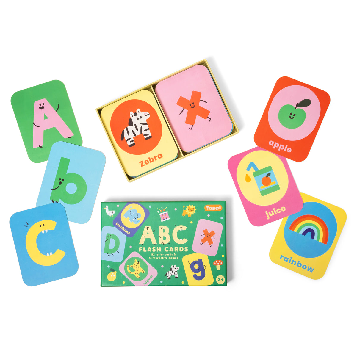ABC Flashcards box and open card tray surrounded by letter cards and illustrated zebra, apple, juice, and rainbow cards.