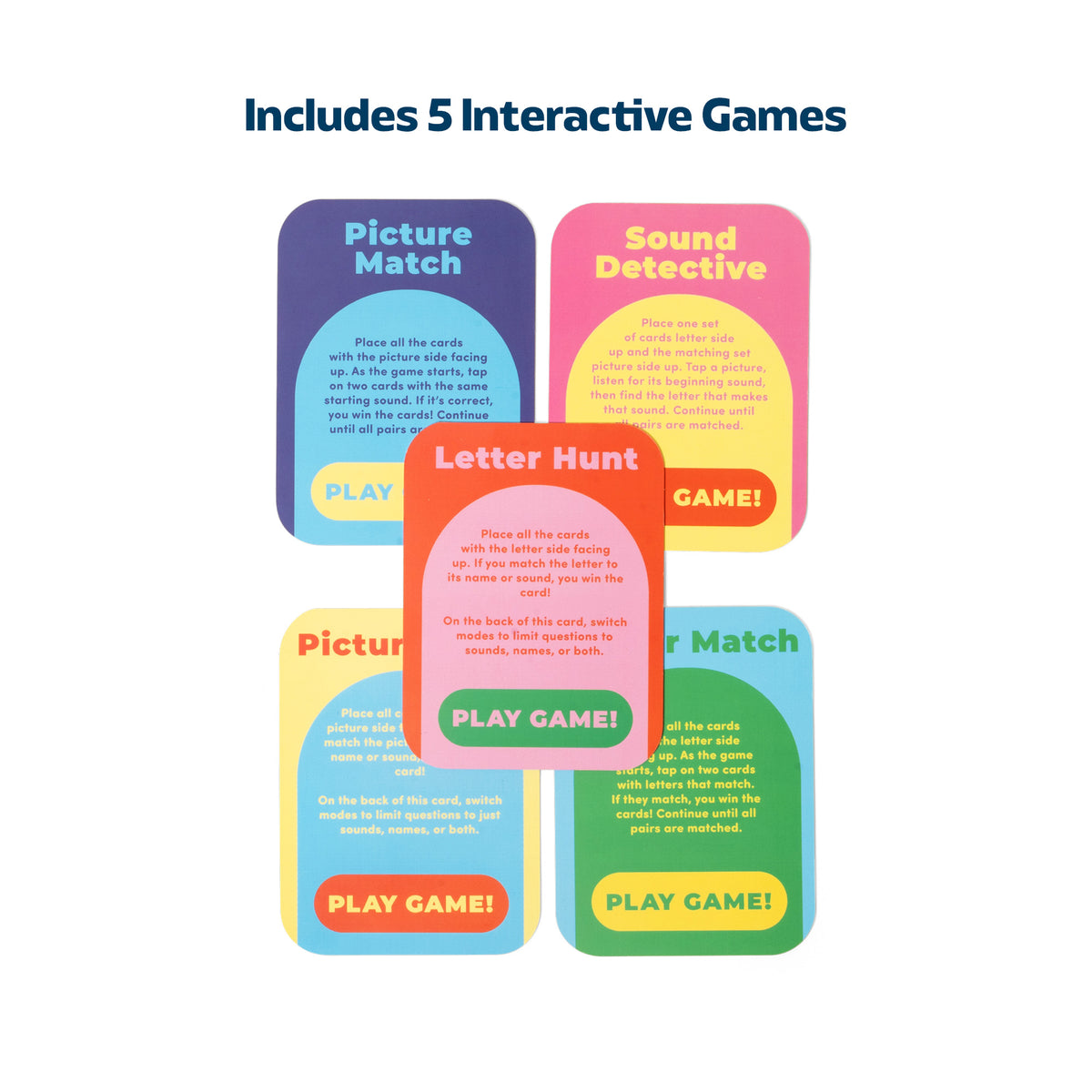 Five ABC Flashcards interactive game cards, including Picture Match, Sound Detective, and Letter Hunt.