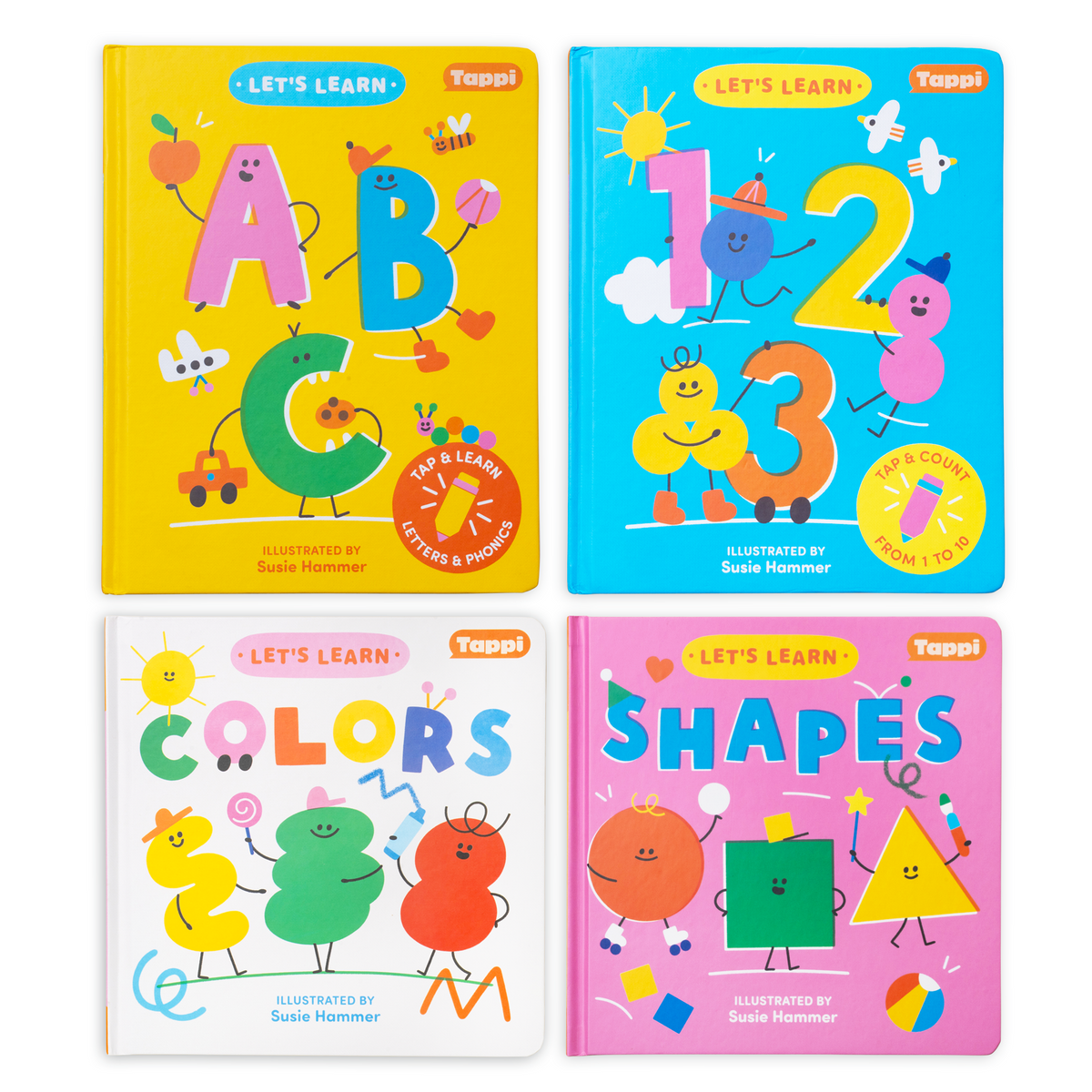 Let's Learn Book Bundle with ABC and 123 above Colors and Shapes in a two-by-two layout; books only.