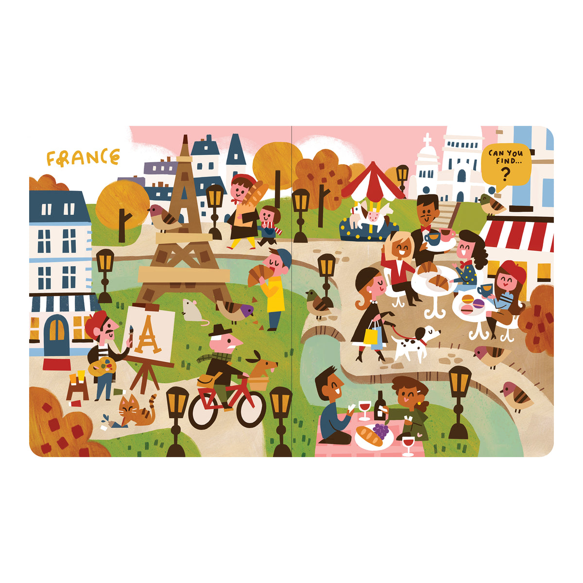 Look and Find: Around the World France interior spread with the Eiffel Tower, cafe tables, musicians, and people to find.