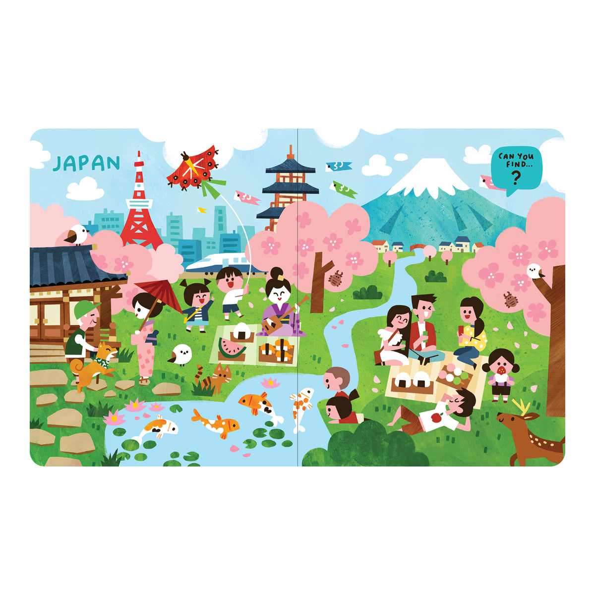 Look and Find: Around the World Japan interior spread with Mount Fuji, cherry blossoms, a pagoda, koi fish, and people picnicking.