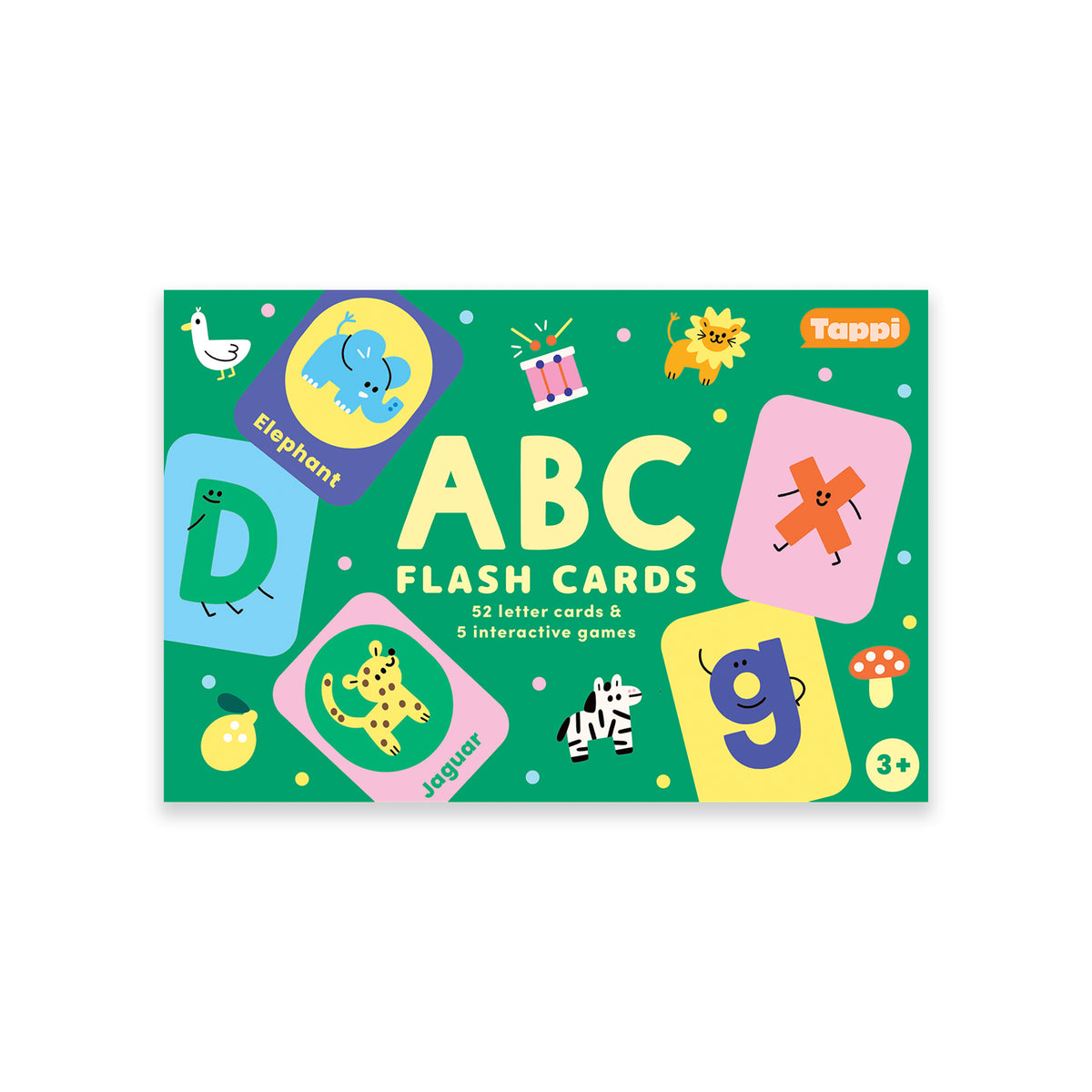Green ABC Flashcards box with colorful uppercase and lowercase letters, picture cards, and an ages 3+ label.