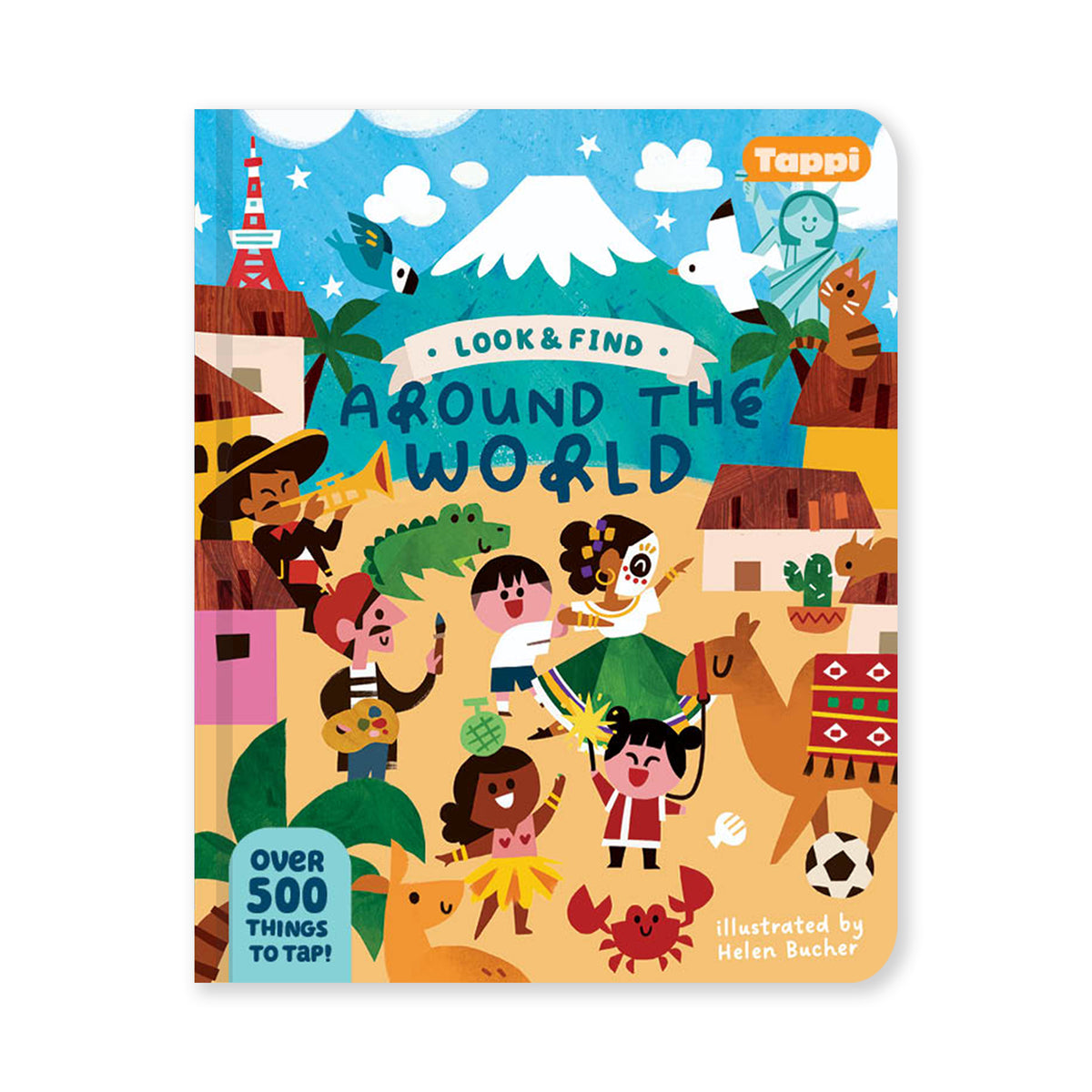 Look and Find: Around the World board book cover with children, animals, and landmarks including Mount Fuji and the Statue of Liberty.
