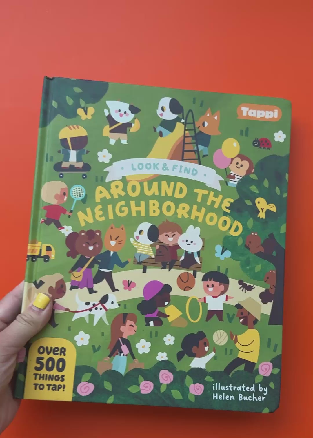 Look and Find: Around the Neighborhood book overview, demonstrating the Tappi Play Pen.