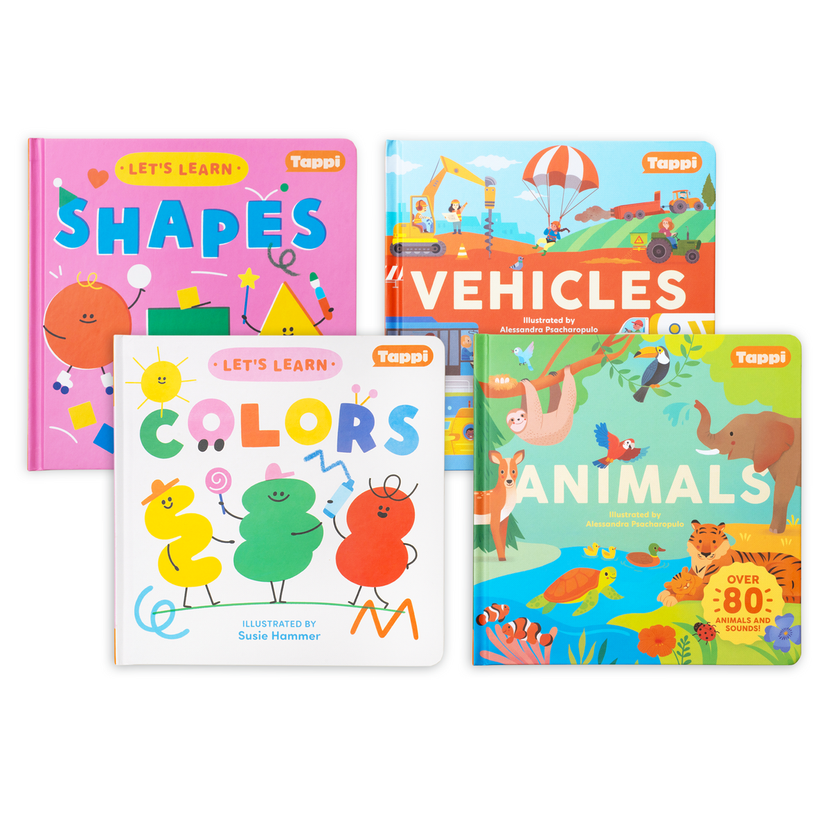Toddler Book Bundle with overlapping Shapes, Vehicles, Colors, and Animals book covers; books only.