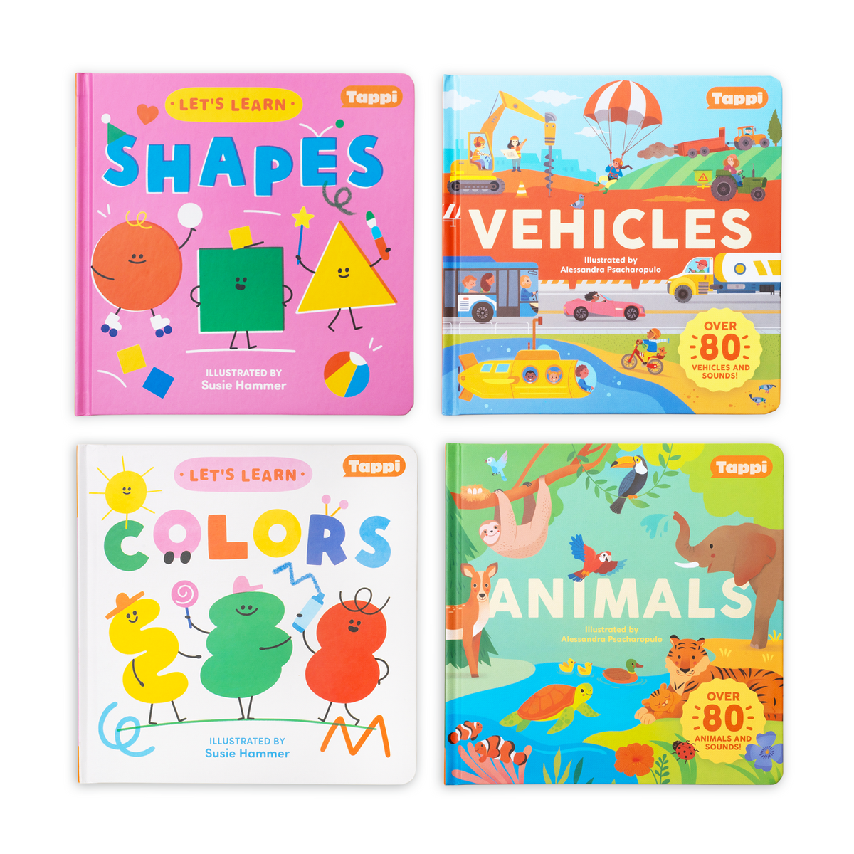 Toddler Book Bundle with Shapes and Vehicles above Colors and Animals in a two-by-two layout; books only.